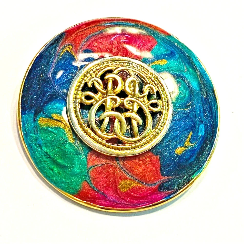 Vintage 1980's Brooch Round Goldtone Multicolor Enamel Finish Classic Boss Lady